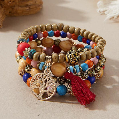 Bohemian Style Beaded Bracelet, Tassel Tree of Life Fashion Pendant, Wooden Bead Elastic Multilayer Bracelet
