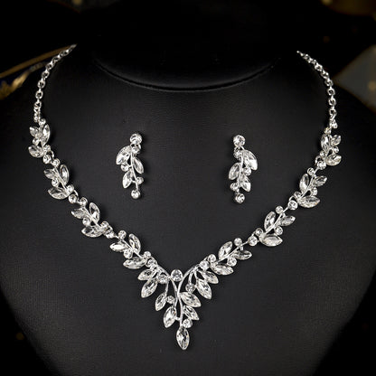欧美新娘项链耳环套装复古水晶合金首饰搭配花朵水滴满钻礼服配饰