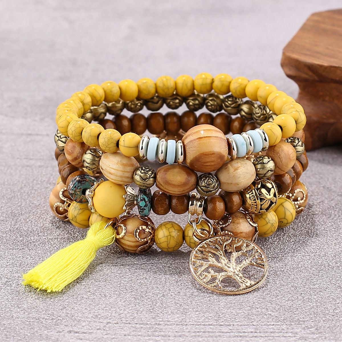 Boho Multi-Layer Stackable Beaded Stretch Bracelet, Bohemian Wrap Bracelet with Tassel & "I Love You" Charm