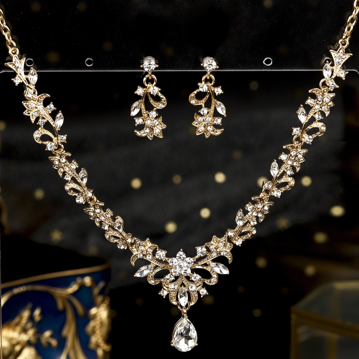 欧美新娘项链耳环套装复古水晶合金首饰搭配花朵水滴满钻礼服配饰