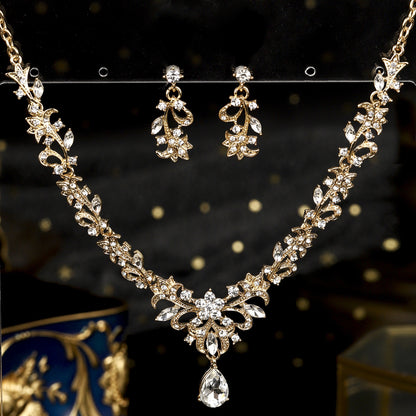 欧美新娘项链耳环套装复古水晶合金首饰搭配花朵水滴满钻礼服配饰