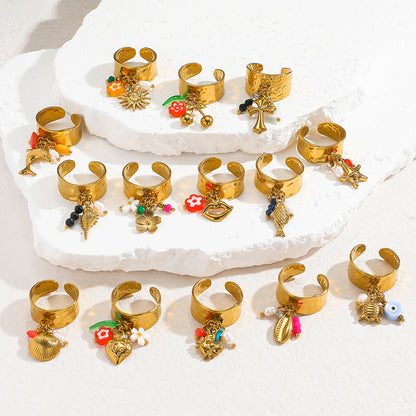 麦芽欧美不锈钢度假风开口戒指海螺海星贝壳珍珠花樱桃指环手饰品