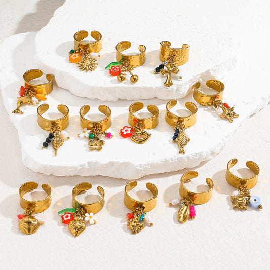 麦芽欧美不锈钢度假风开口戒指海螺海星贝壳珍珠花樱桃指环手饰品