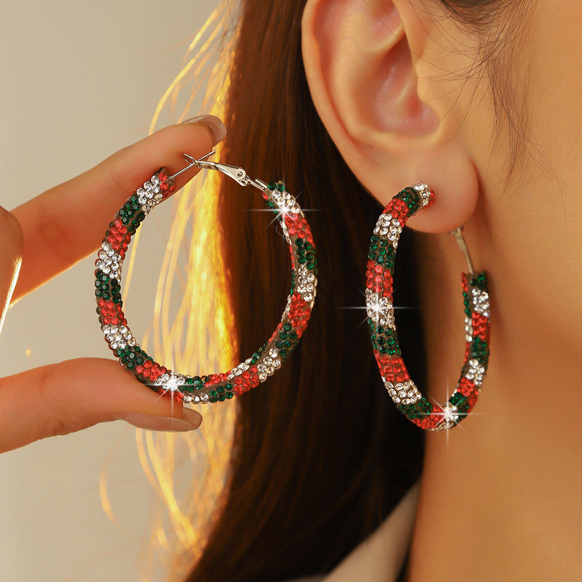 外贸热销 欧美夸张镶钻双排大圈街舞hiphop耳环耳圈 新娘耳饰批发