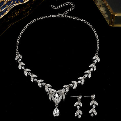 欧美新娘项链耳环套装复古水晶合金首饰搭配花朵水滴满钻礼服配饰