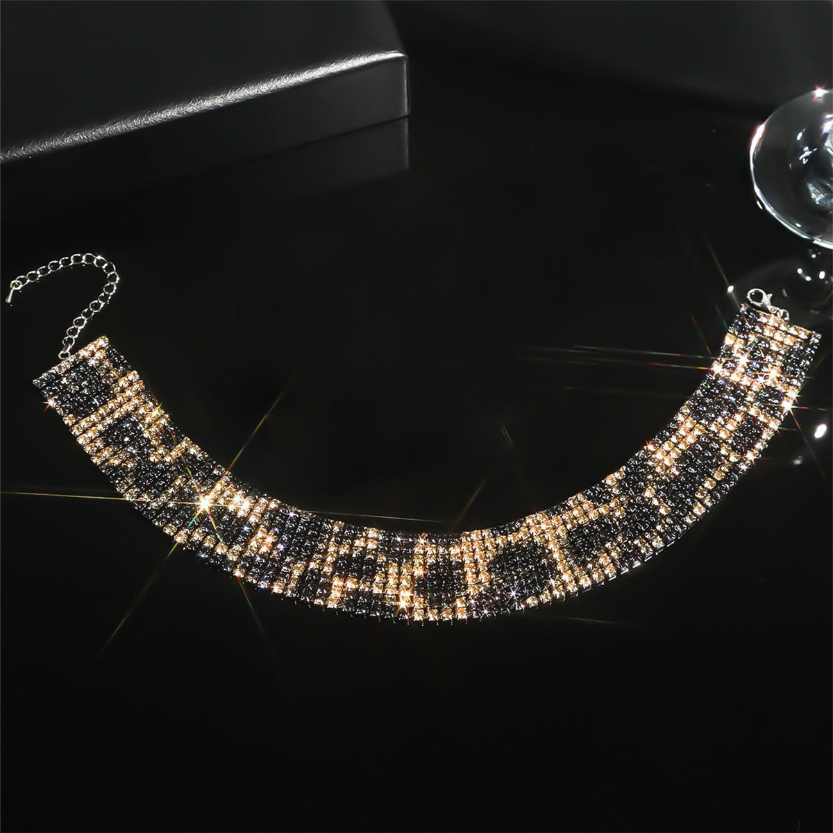 欧美跨境 8排高档奢华满钻豹纹项链锁骨链女 高级感网红项圈项饰