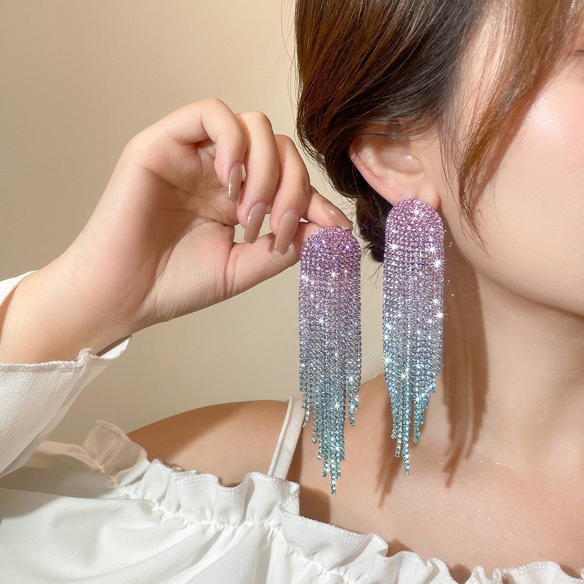 欧美气质渐变色潮水钻长款流苏耳环女 高级感耳钉耳饰品 earrings