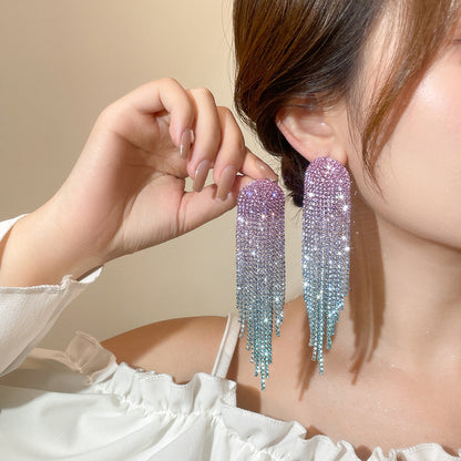 欧美气质渐变色潮水钻长款流苏耳环女 高级感耳钉耳饰品 earrings