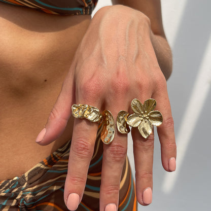 欧美跨境设计感液态熔岩花朵开口戒指 ins巴洛克仿珍珠镶宝石指环