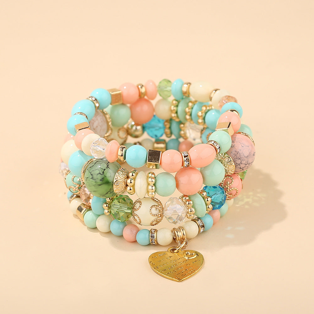 Boho Multi-Layer Stackable Beaded Stretch Bracelet, Bohemian Wrap Bracelet with Tassel & "I Love You" Charm