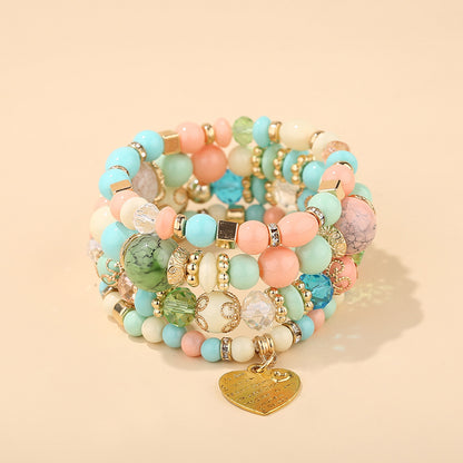 Boho Multi-Layer Stackable Beaded Stretch Bracelet, Bohemian Wrap Bracelet with Tassel & "I Love You" Charm