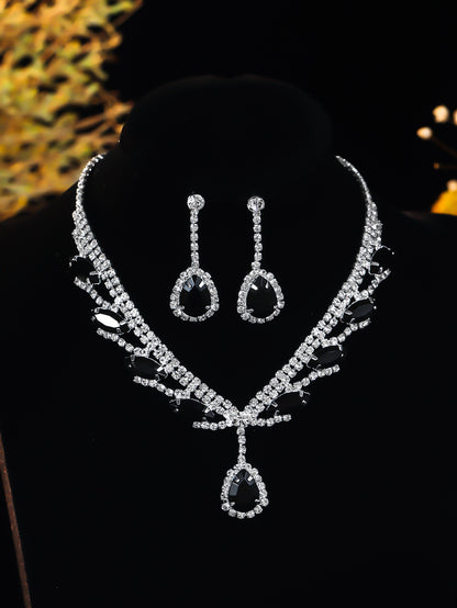 亚马逊爆款奢华水钻套链苹果绿色项链耳环套装 新娘首饰 水滴吊坠