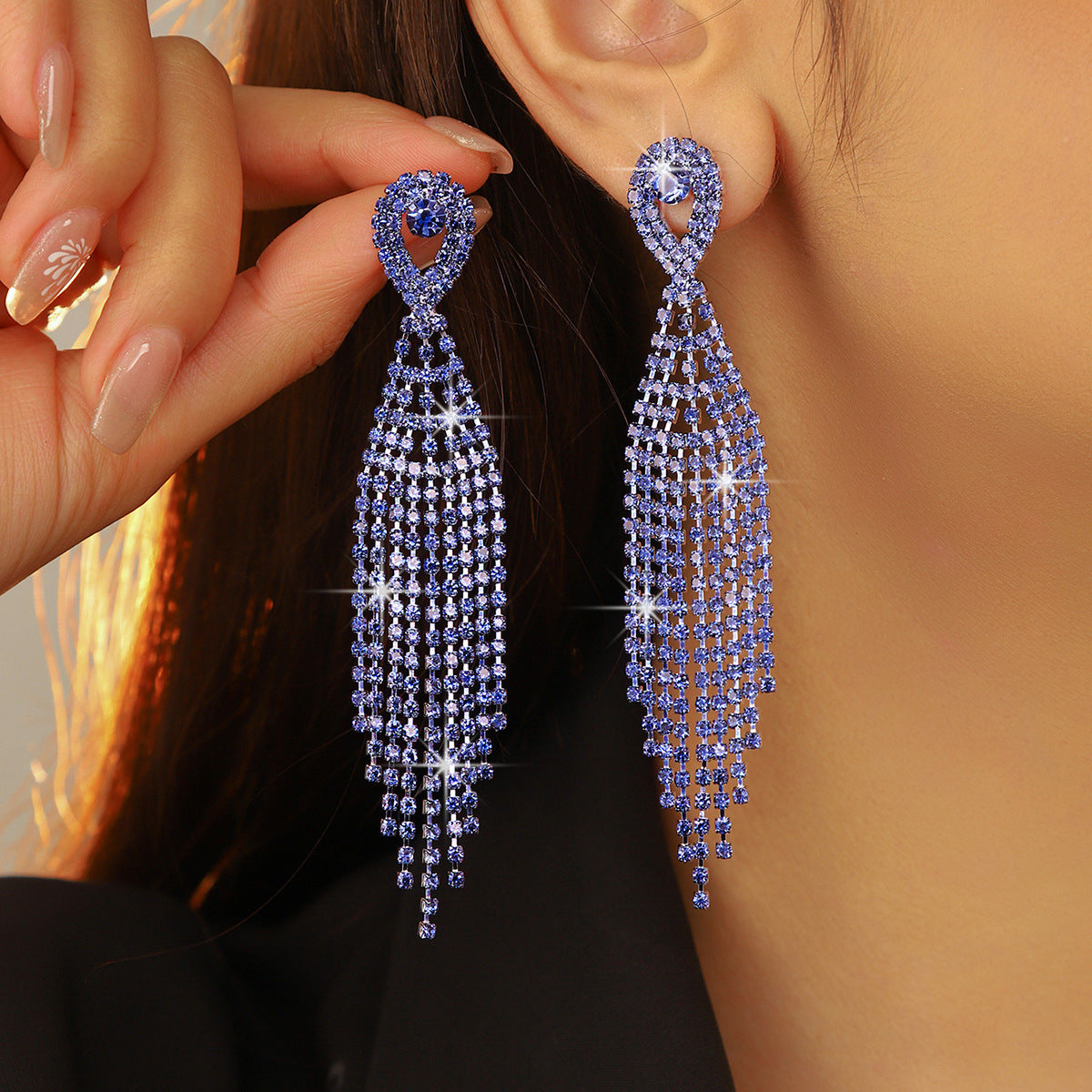 亚马逊爆款  时尚长款流苏耳环女 水钻耳环镶钻耳钉耳饰 全铜材质