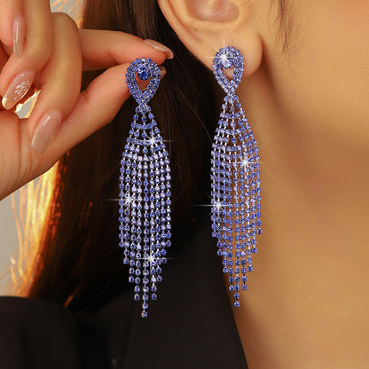 亚马逊爆款  时尚长款流苏耳环女 水钻耳环镶钻耳钉耳饰 全铜材质