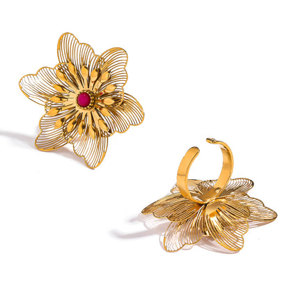 麦芽不锈钢不掉色花朵戒指女立体感开口设计指环夸张欧美跨境手饰