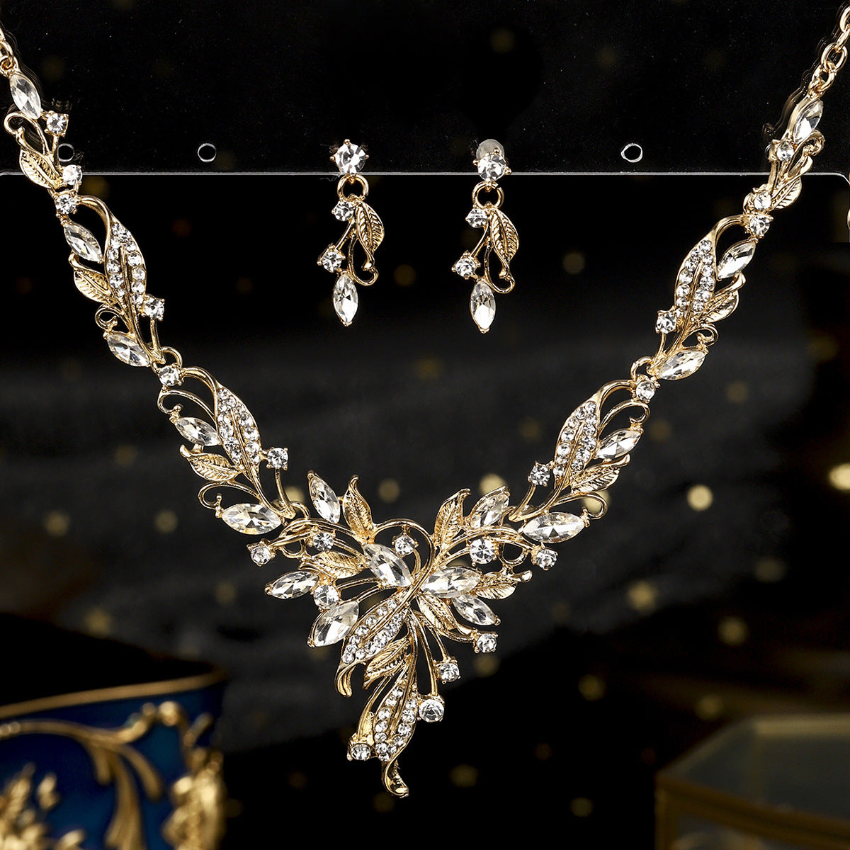 欧美新娘项链耳环套装复古水晶合金首饰搭配花朵水滴满钻礼服配饰