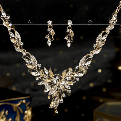 欧美新娘项链耳环套装复古水晶合金首饰搭配花朵水滴满钻礼服配饰
