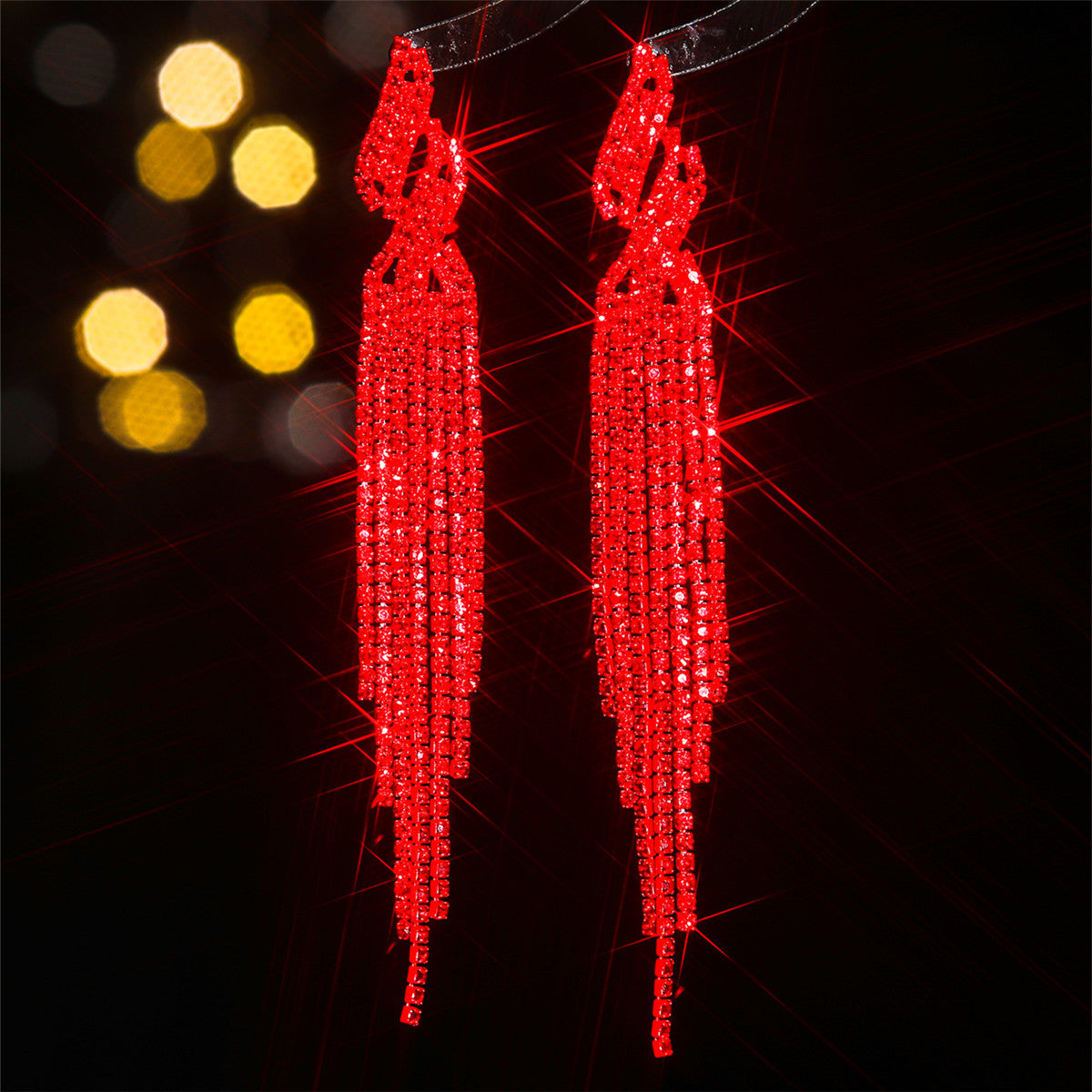 DINGKA时尚气质闪亮满钻长款流苏耳环女 高级感红色耳钉耳饰品