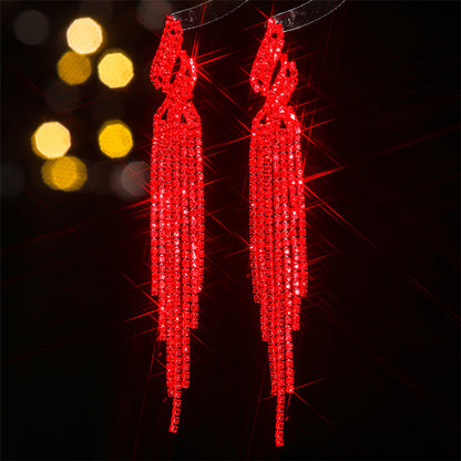 DINGKA时尚气质闪亮满钻长款流苏耳环女 高级感红色耳钉耳饰品