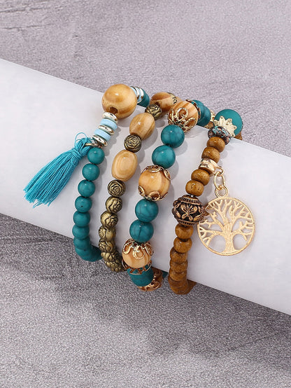 Bohemian Style Beaded Bracelet, Tassel Tree of Life Fashion Pendant, Wooden Bead Elastic Multilayer Bracelet