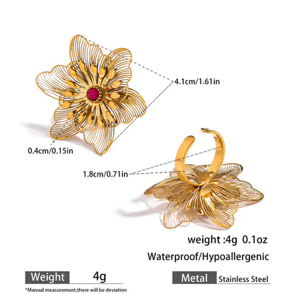 麦芽不锈钢不掉色花朵戒指女立体感开口设计指环夸张欧美跨境手饰