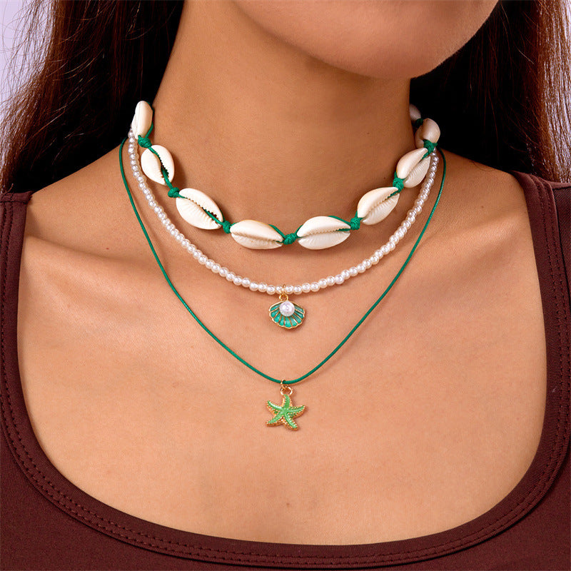 欧美夏季海洋度假海星贝壳海螺珍珠多层项链时尚夸张多层叠戴项链
