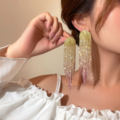 欧美气质渐变色潮水钻长款流苏耳环女 高级感耳钉耳饰品 earrings