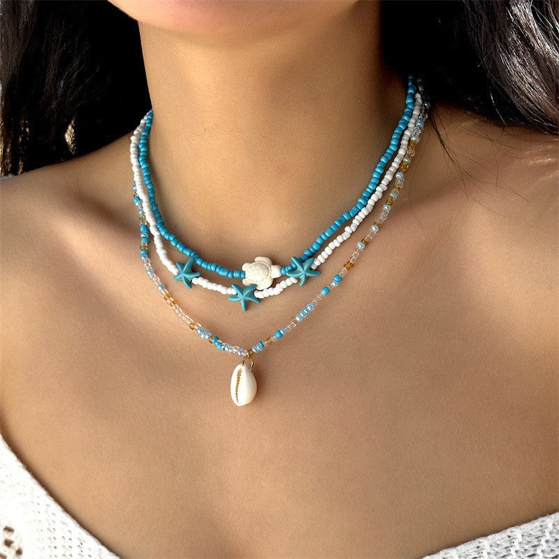 欧美夏季海洋度假海星贝壳海螺珍珠多层项链时尚夸张多层叠戴项链