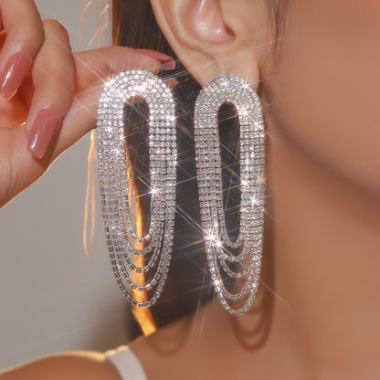 町卡饰品气质奢华闪亮水钻长款耳环女时尚渐变彩色流苏大耳环耳饰