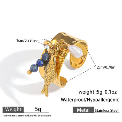 麦芽欧美不锈钢度假风开口戒指海螺海星贝壳珍珠花樱桃指环手饰品