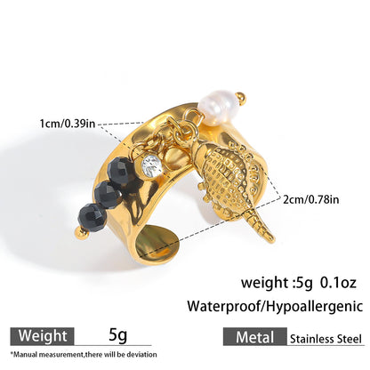 麦芽欧美不锈钢度假风开口戒指海螺海星贝壳珍珠花樱桃指环手饰品