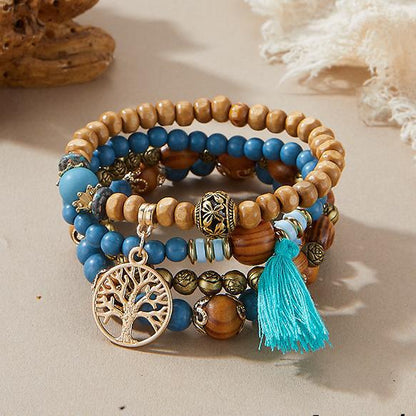 Bohemian Style Beaded Bracelet, Tassel Tree of Life Fashion Pendant, Wooden Bead Elastic Multilayer Bracelet