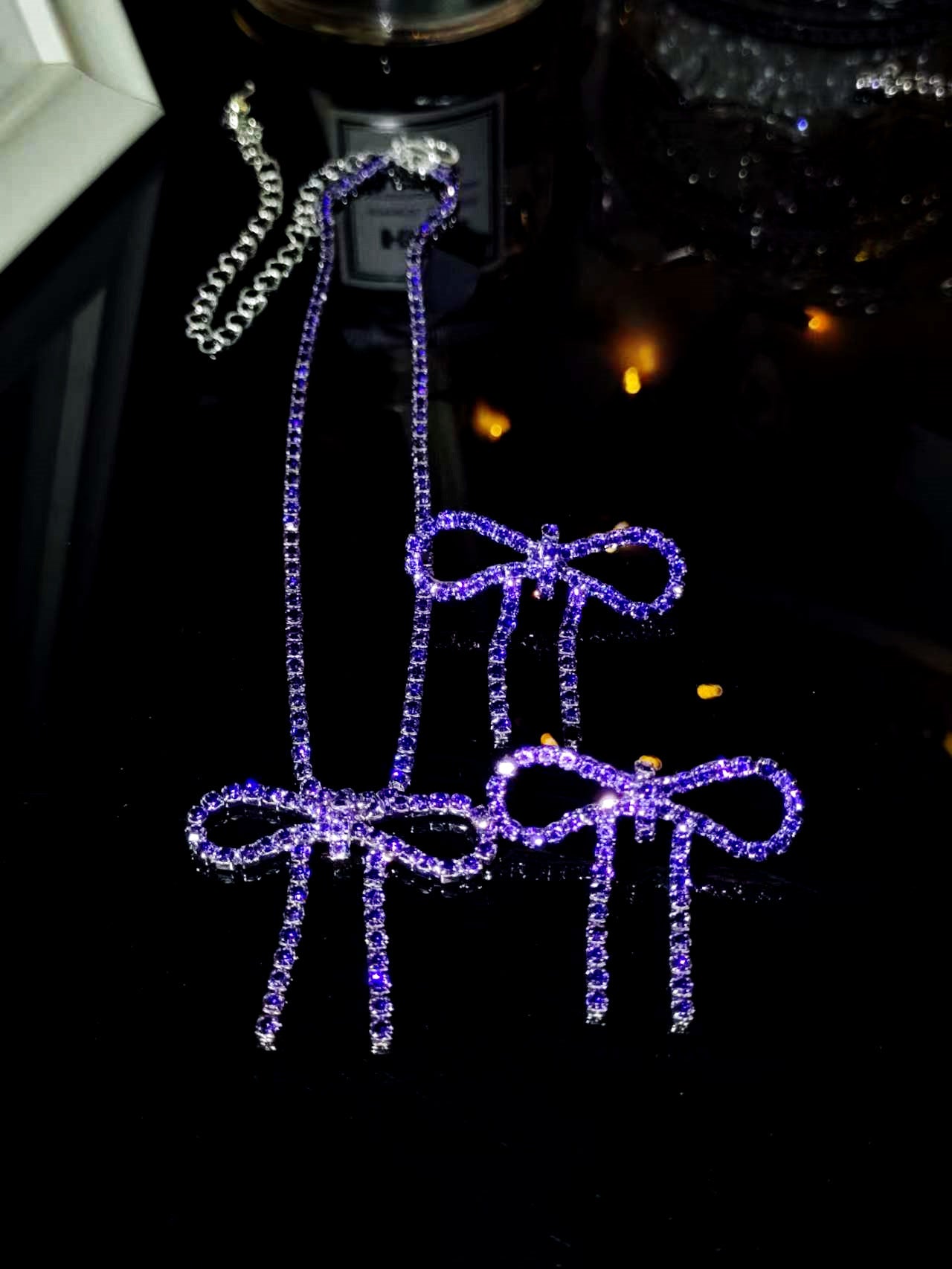 亚马逊爆款闪亮水钻蝴蝶结项链耳环套装 两件套走秀比赛项饰耳饰