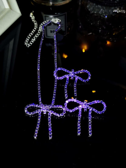 亚马逊爆款闪亮水钻蝴蝶结项链耳环套装 两件套走秀比赛项饰耳饰