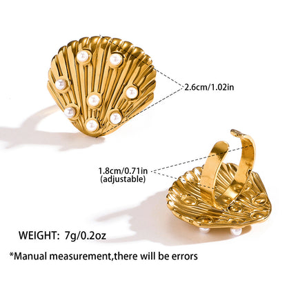 麦芽饰品欧美不锈钢钛钢戒指珍珠贝壳扇贝开口戒指环时尚轻奢手饰