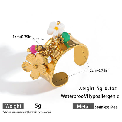 麦芽欧美不锈钢度假风开口戒指海螺海星贝壳珍珠花樱桃指环手饰品