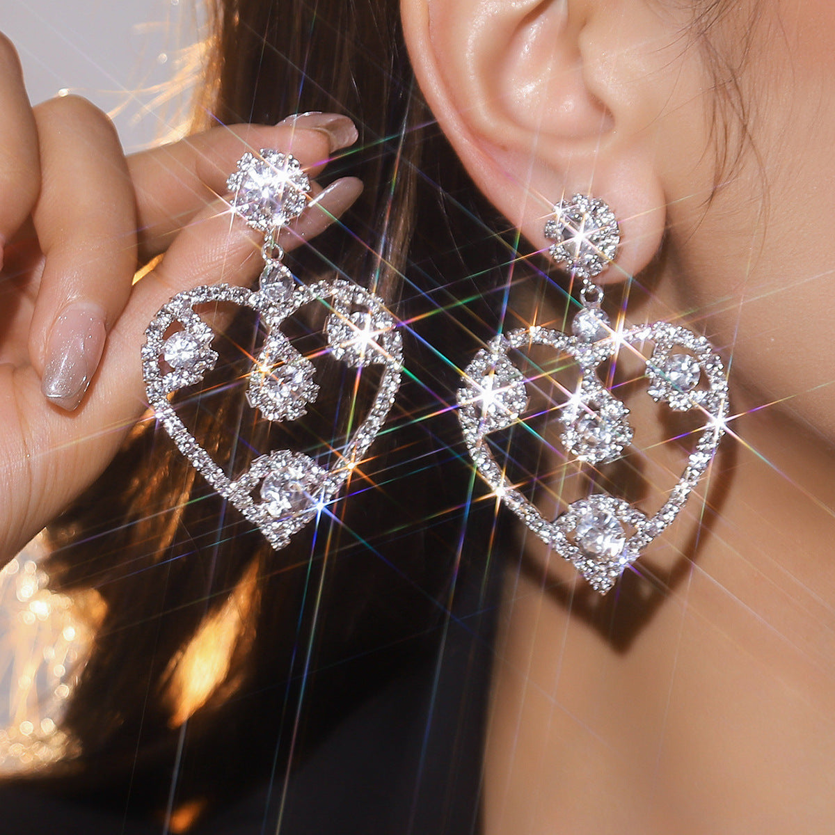 亚马逊美国独立日个性夸张长款流苏爱心耳环女水钻超闪耳钉耳饰品