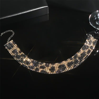 欧美跨境 8排高档奢华满钻豹纹项链锁骨链女 高级感网红项圈项饰