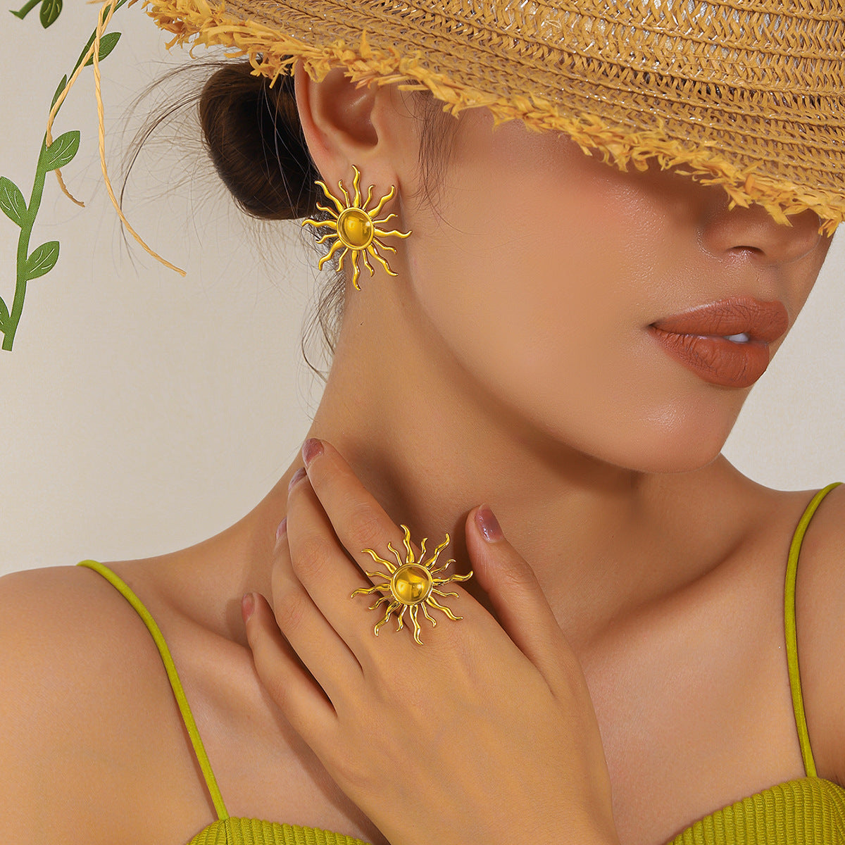 麦芽欧美跨境不锈钢钛钢太阳耳钉耳环开口戒指指环小众设计感饰品