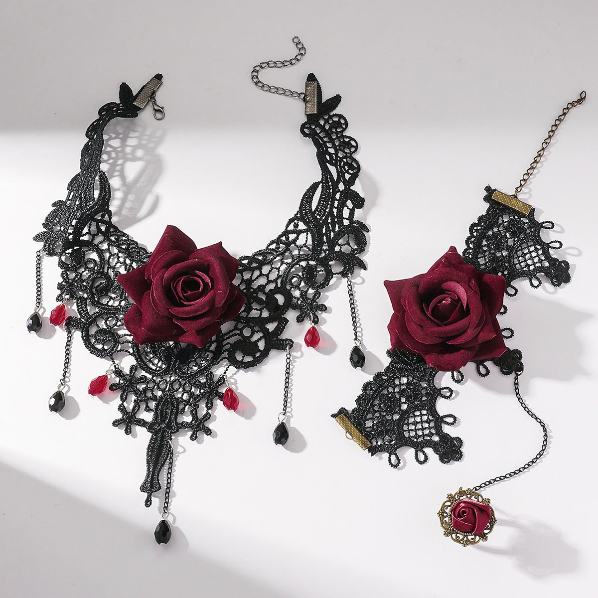 欧美跨境 复古黑色蕾丝玫瑰花项链手链戒指套装女 暗黑风颈链手饰