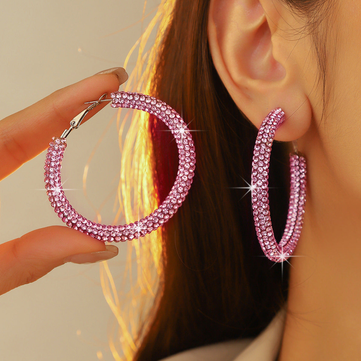 外贸热销 欧美夸张镶钻双排大圈街舞hiphop耳环耳圈 新娘耳饰批发
