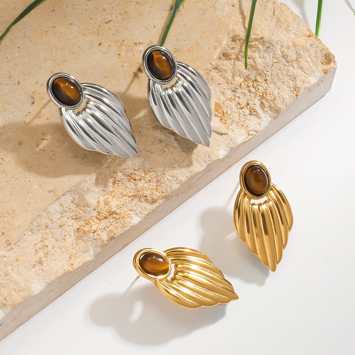 麦芽不锈钢钛钢翅膀天然石耳钉耳环高级感轻奢小众耳饰品欧美跨境