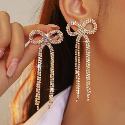 全铜 百搭蝴蝶结长款流苏耳环 时尚闪亮水钻耳钉无耳洞耳夹款