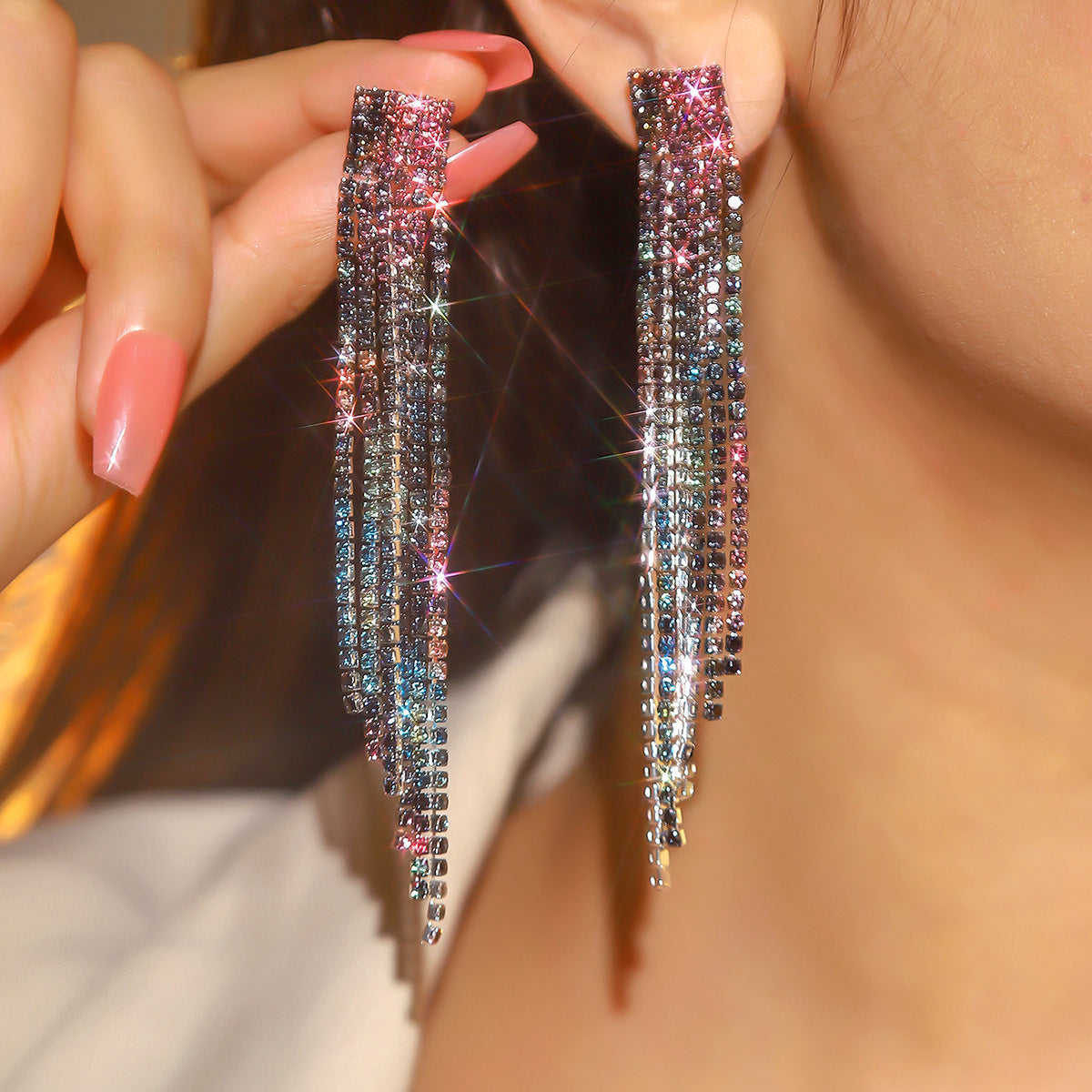 轻奢风小脸超闪AB水钻长款流苏耳环女 时尚气质耳钉饰品 earrings