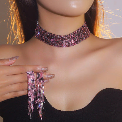 欧美跨境 奢华闪亮项链耳环两件套 豹纹新娘水钻首饰套装颈链饰品