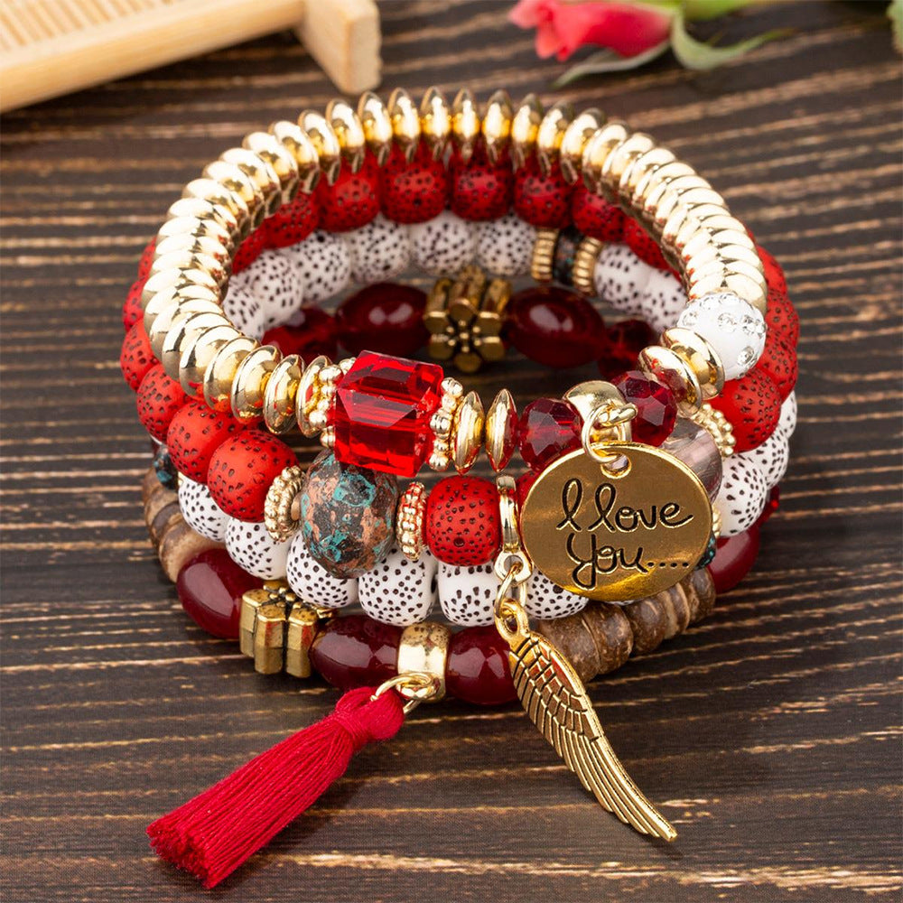 Boho Multi-Layer Stackable Beaded Stretch Bracelet, Bohemian Wrap Bracelet with Tassel & "I Love You" Charm