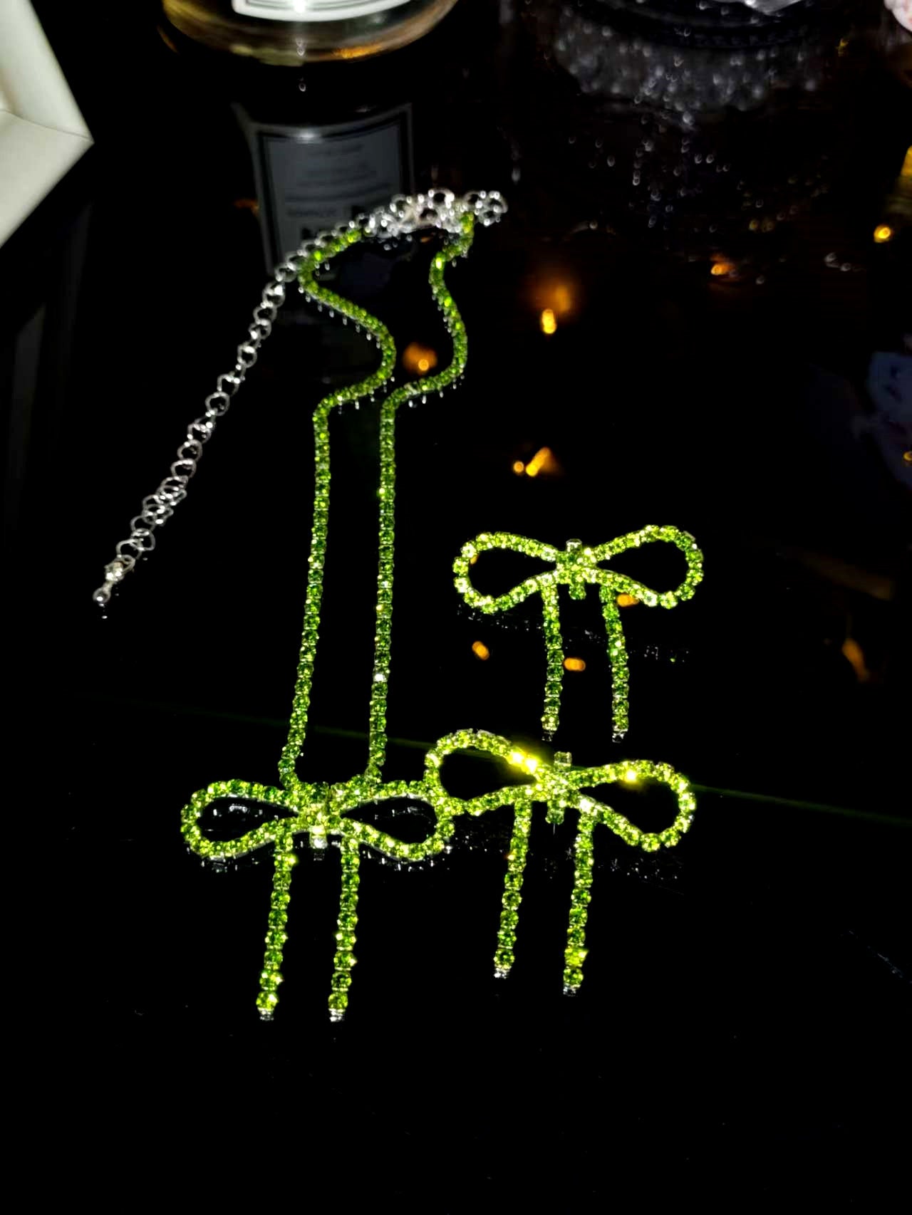 亚马逊爆款闪亮水钻蝴蝶结项链耳环套装 两件套走秀比赛项饰耳饰