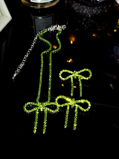 亚马逊爆款闪亮水钻蝴蝶结项链耳环套装 两件套走秀比赛项饰耳饰