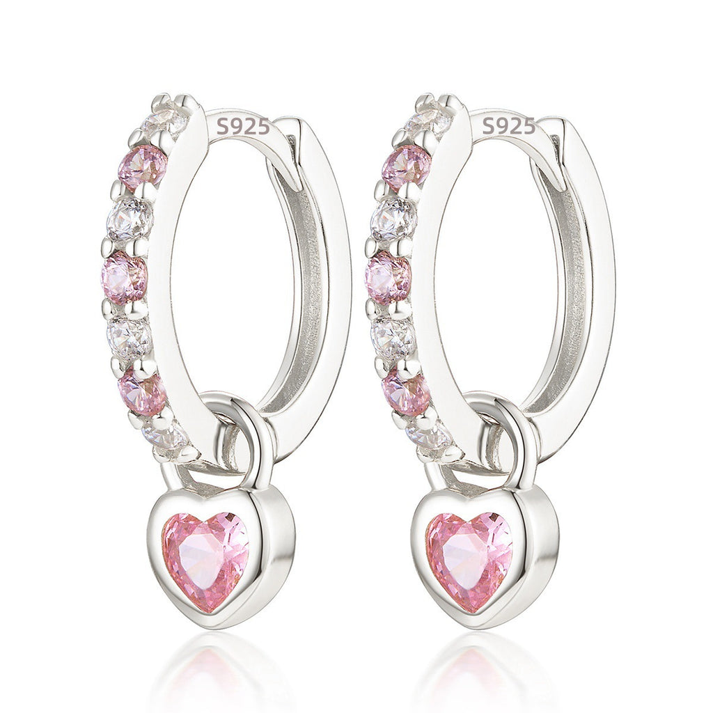 S925 Silver Pink Heart Hoop Earrings