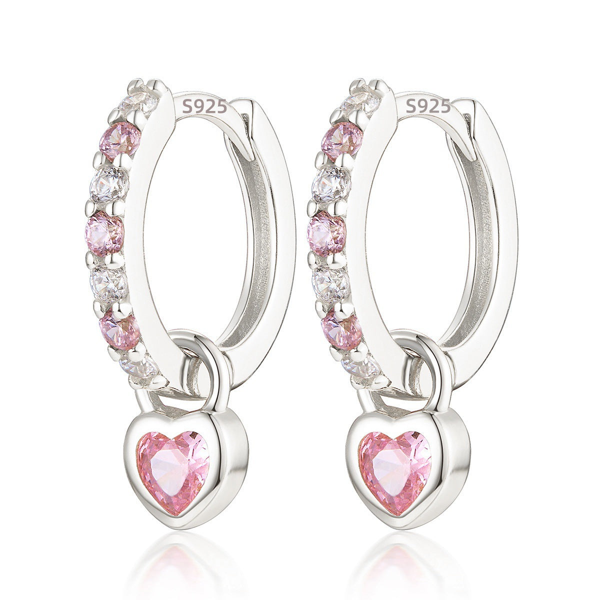 S925纯银针耳扣亚马逊跨境粉色心形吊坠耳环热卖环状耳环女士耳圈